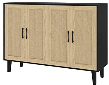 Panana Buffet Storage Cabinet with Rattan Decorating Living Room Wood Kitchen Sideboard Accent Cabinet (Black, 123(W) x 38(D) x 88(H))