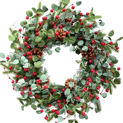 Idyllic Christmas Wreath for Front Door,20 Winter Wreath with Pine Cones Red Berries and Eucalyptus, Winter Decorations for Everyday Farmhouse Window Outdoor/Indoor