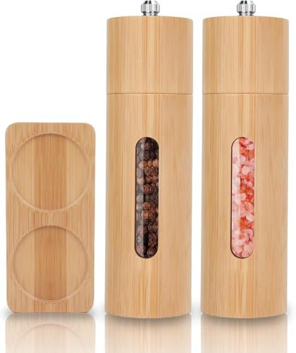 2 Piezas Molinillo Pimienta, Salero y Pimentero Manual de Madera con Bandeja, Molinillo Especias Ajustable con Ventana Acrílica Transparente, Pimentero Durabilidad para Comino, Sésamo, Paprika