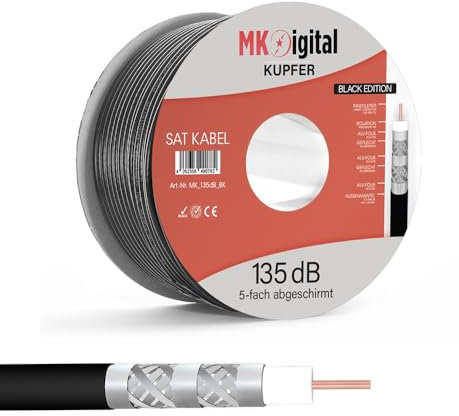 MK-Digital 100m Koax kabel 135dB Sat Koaxialkabel, Antennenkabel 5-Fach geschirmt für DVB-S / S2, DVB-C, DVB-T, BK Anlagen 4K FullHD Ultra HD 4K, Voll-Kupfer Satkabel, Sat verlegekabel,Schwarz