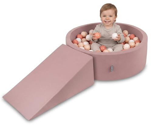 KiddyMoon Spielplatz mit bällebad 90x30cm und Rampe 200 Bälle 7cm Schaumstoff ballgrube für Baby und Kleinkinder - Erikafarben: Pastellbeige Lachsfarben Weiß