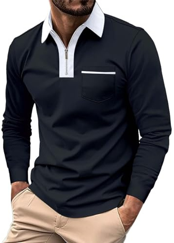 BOTCAM Poloshirt Herren Langarm Einfarbig T-Shirt Casual Polohemd für Männer Stehkragenhemd Mit Brusttasche Polo Shirt langärmelig Oberteil Bluse Tennis Golf-Poloshirt Vintage Herrenhemden