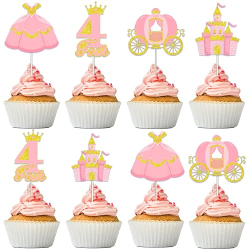 kreat4joy Four Ever a Princess Birthday Decorations Cupcake Toppers, 24pcs Princess 4th Birthday Party Decorations Cupcake Toppers for 4 Year Old Girl Birthday