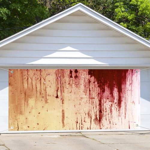 4 x 1,8 m Halloween porte de garage décoration toile de fond, horreur sanglante effrayante goutte à goutte sang rouge effrayant crime crime zombie film porte de garage bannière Halloween extérieur
