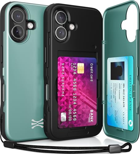 TORU for iPhone 16 Wallet Case with Card Holder, Hidden ID Credit Card Slot Flip Kickstand, Slim Fit Shockproof Heavy Duty Phone Cover with Strap - Green