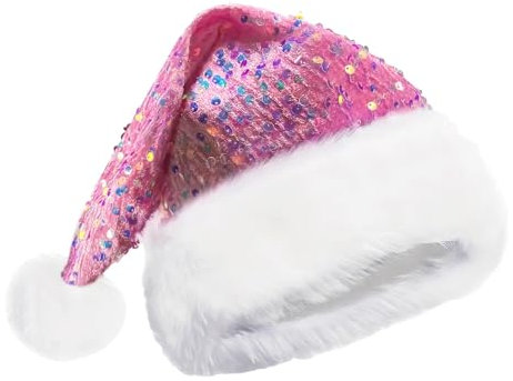 Tanxemery Glitzer Weihnachtsmütze Nikolausmütze Erwachsene Plüsch Rand Weihnachtsfeier Rosa Santa Mütze Nikolaus Warm Dicker Fellrand Weihnachtsmann Mütze Mit Pailletten Und Pompon Für Herren/Damen