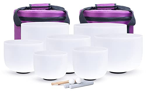 Juego De Cuencos Tibetanos De Cristal De Cuarzo Esmerilado De 6 A 12 Pulgadas, Con Estuches De Transporte, Mazo De Goma, Golpeador De Gamuza, Terapia De Curación Con Sonido Y Meditación(440hz)