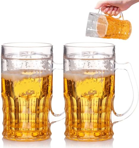2 Stück 450 ml doppelschichtiger lustiger Bierkrug, künstlicher Bierbecher – 450 ml doppelschichtiger künstlicher Bierkrug mit Henkel, doppelschichtiger realistischer Bierkrug aus Kunststoff mit Henke
