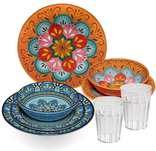 Set de vaisselle en mélamine Toscane pastel pour 2 personnes – 8 pièces – Aspect mandala avec verres transparents 450 ml en acrylique – Accessoires de camping – Vaisselle de camping – Caravane et