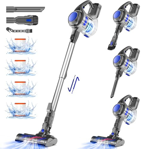 Authmic Akku Staubsauger, 40000Pa/50 Min/450W Kabelloser Staubsauger, Staubsauger Kabellos, mit 4 HEPA Filtern, 1,6 Staubbehälter, Teleskopstange, Akkusauger Staubsauger für Hartboden,Tierhaare