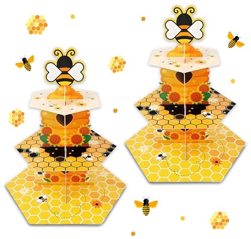 XIXIMENG Confezione da 2 supporti per cupcake a 3 piani in cartone con api gialle per torte, frutta, caramelle, biscotti, buffet, espositori, torre per torte, dessert, ciambelle, supporto in cartone