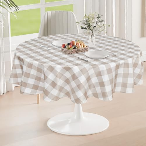 DWCN Karierte Tischdecke Rund 120cm Outdoor Abwaschbar Wetterfest Fleckschutz Wasserdicht Tischdecke für Draußen Picknick Esszimmer Garten Party Hochzeiten, Khaki und Weiß