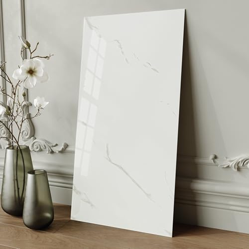 Hode 10 Pieces Marble Tile Stickers, White Self Adhesive Wall Tiles 60 x 30cm, Stick on Tiles for Bathroom Kitchen Waterproof (Glossy)