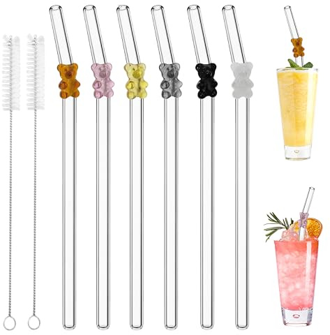 6 cannucce in vetro, riutilizzabili, cannucce in vetro curve, con spazzole per la pulizia di succhi, cocktail, frullati, caffè, latte (piccolo orso)