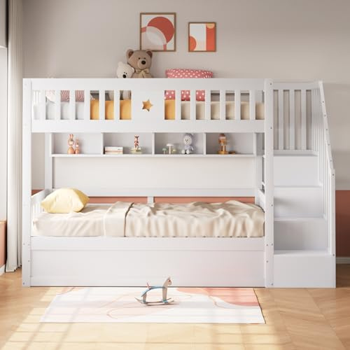 Moimhear Letto in legno, sotto il letto idraulico, scala di archiviazione, scaffali, letto alto, letto a castello, letto per ragazzi (idraulico, bianco-1, 90 x 200 cm)