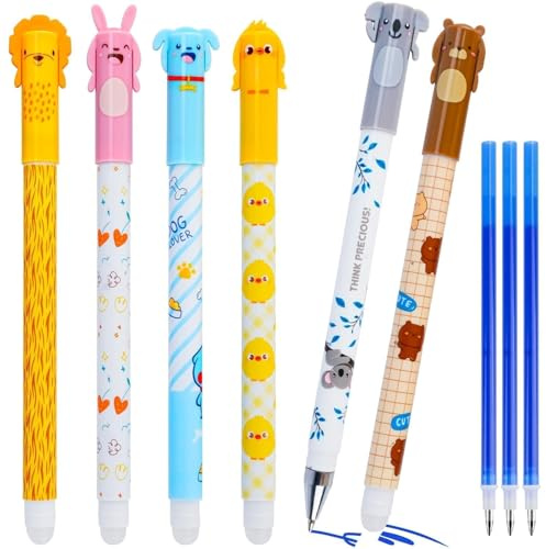 Muyohix 6 Stück Radierbare Stifte, 0,5mm Gelstifte Radierbar, Blauer Radierbare Gelstifte, Tiere Gelschreiber Radierbar, Radierbaren Gelstiften mit 3 Minen, für Schul Bürobedarf