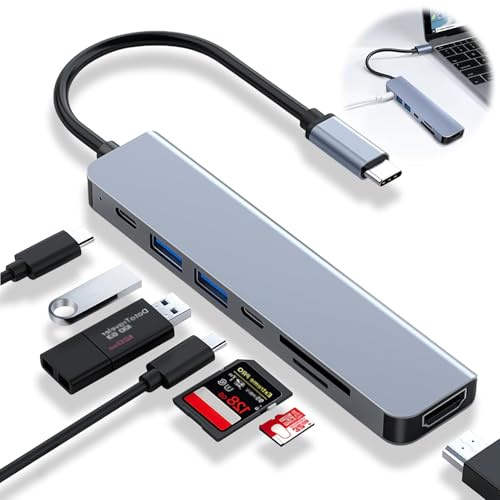 USB C Hub, 7 IN 1 Multiport Adapter, USB-C to HDMI Splitter with 4K@30HZ, Type-C Data Port, 100W PD, SD/TF Card Reader, USB 3.0/2.0, Docking Station for MacBook/iPad/Dell/Lenovo/Thinkpad/XPS and More