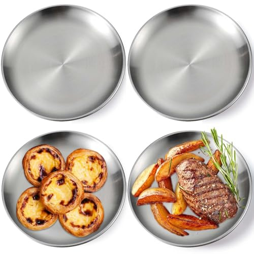 GOMETY 4 Stück Edelstahl Rundes Geschirr 23cm, Edelstahl Teller, Matte Runde Servierplatte, Silber Unterteller Pizzablech Camping Metallteller für Camping Picknick Wandern Abendessen Snacks Partys
