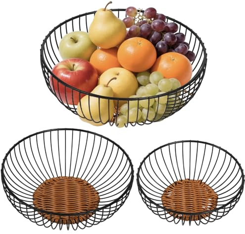 3-Piece Black Metal Fruit Basket Set - Rustic Wire Fruit Bowls with Large Capacity for Kitchen Countertop, Decorative Storage for Fruits, Vegetables & Snacks