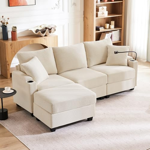Couch 3 Sitzer Ecksofa in L-Form 213.5x139x87 cm (BxTxH) aus Cordstoff mit USB-Ladestation & Getränkehalter, Multifunktion Sofa mit Hocker & 2 Kissen, Eckcouch für Wohnzimmer Beige