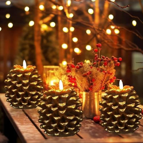 REGAPOG Weihnachtsdeko Flammenlose Tannenzapfen Kerzen - 3d Led Tannenzapfen Weihnachtsdekoration, Realistische Imitation Von Tannenzapfen,Perfekte Weihnachtskerzen,Fenster Weihnachtsdeko (3PCS)