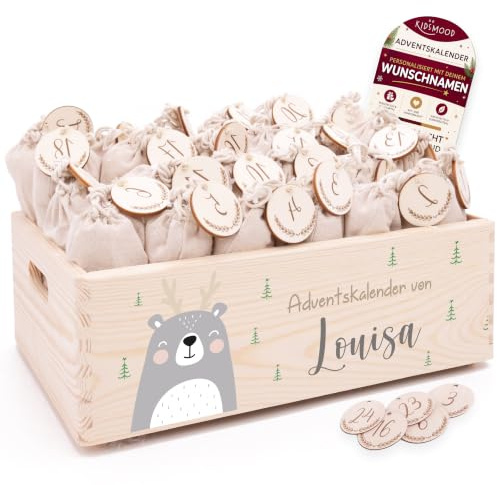 Personalisierter Adventskalender 2026 zum Befüllen mit Holzzahlen | Tolle Weihnachtsdeko aus Holz, Weihnachtskalender mit Tüten für Geschenke Mädchen & Jungen (40 x 30 x 14 cm)