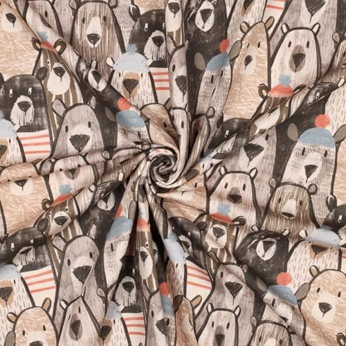 Soft Sweat Stoff Meterware – Baumwolle mit Elastan – Sweatstoff für Kleidung, Kinderstoffe, Shirts, Pullover, Hosen, Kissenbezüge & Dekoration (Niedliche Bären Beige)