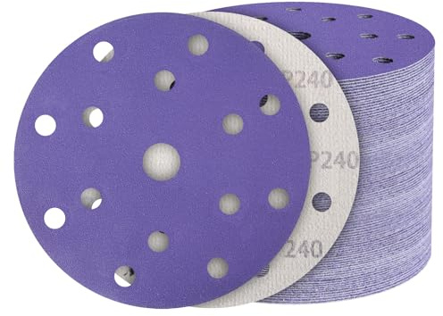 50 Pièces Disques Abrasifs 150mm Grain 240 papier a poncer 15 Trous Disque Poncage pour Ponceuse Excentrique, carrosserie automobile, métal, acier inoxydable