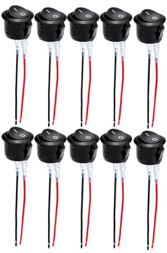 Opatiny Lot de 10 interrupteurs à bascule 2 broches 6 A 220 V avec câblage, pour moto, voiture, bateau, étanche, montage sur panneau, 20 mm, design encliquetable