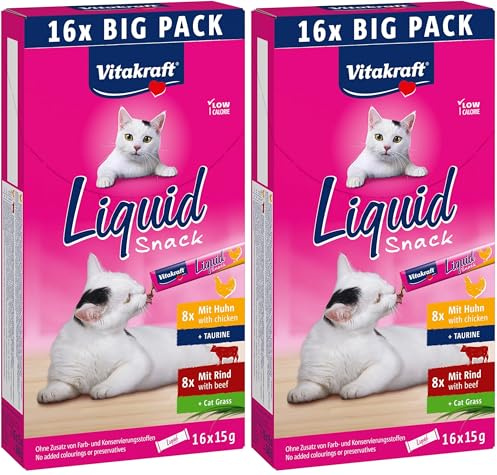 Vitakraft Liquid Snack, golosina líquida para Gatos, Snack cremoso para Gatos, con Ternera, con Pollo, en Sobres Individuales, 1 envase de Almacenamiento (16x 15g) (Paquete de 2)