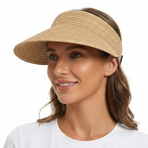 HTTDSLF Sombrero de Paja para Mujer, Sombrero de Sol para Mujer, Sombreros Plegables con Visera, para Viaje Vacaciones, Caqui