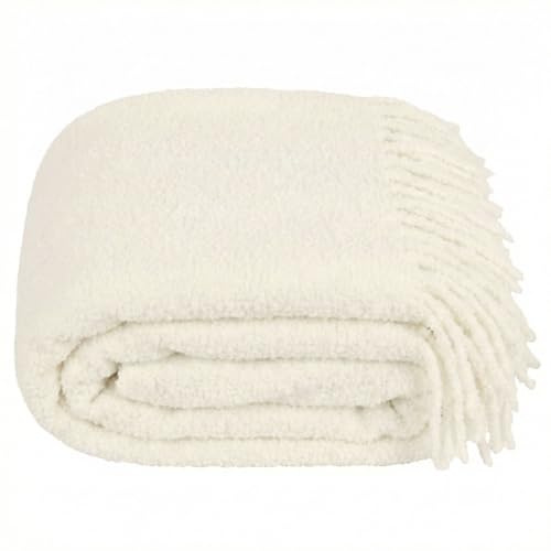 Lanavitta – Bouclé Wolldecke „Lounge“ – Kuschelige Tagesdecke & Plaid – Sofadecke, Couchdecke, Bettüberwurf & Sesseldecke – 25% Wolle, 20% Polyester, 55% Acryl – Weiß – 140x200 cm
