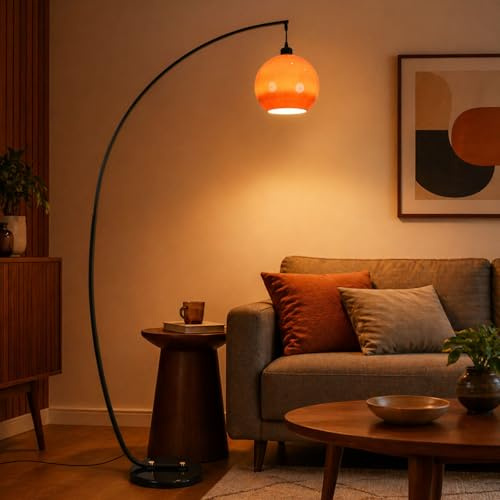 KlkrzJwy Lampadaire En Arc De 180 CM, Style Mid-Century Modern, Orange, Avec Globe En Verre, Douille E27, 3 Températures De Couleur, Socle En Marbre, Lampe Haute Pour Salon Ou Chambre À Coucher