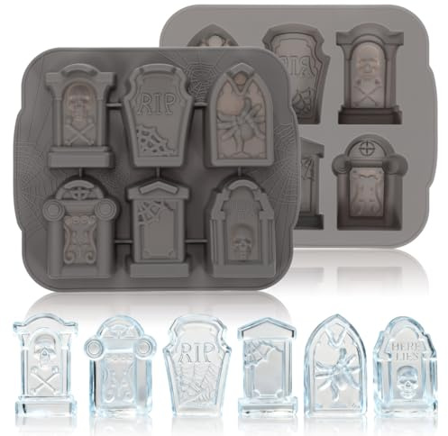 Amosfun Tombstone Ice Mold Silicone Whisky Cocktail Tray 8.46 Inch Halloween Party Bar Accessory Grey