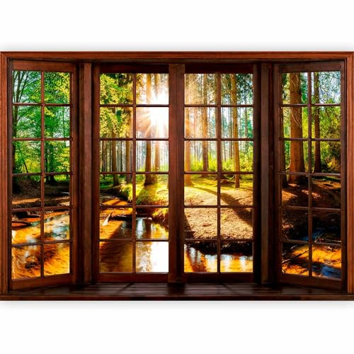 murando Fototapete selbstklebend Fenster Wald 343x256cm Foto Tapete Tapetenfolie Möbelfolie Wandverkleidung Wandtapete Motivtapeten Bildtapete Wohnzimmer 3d Effekt Modern Landschaft Natur Bäume