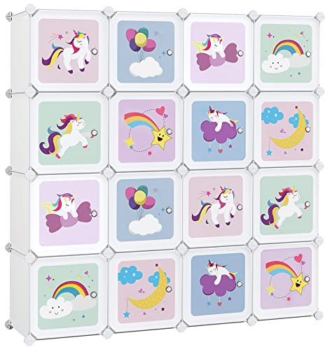 SONGMICS Regalsystem mit 16 Würfeln, Aufbewahrungsschrank für Kinder, Kleiderschrank mit Türen, Schuhregal aus Kunststoff, Steckregal, Mehrzweck, Schuhe, Spielzeug, 123 x 31 x 123 cm, weiß LPC906W01
