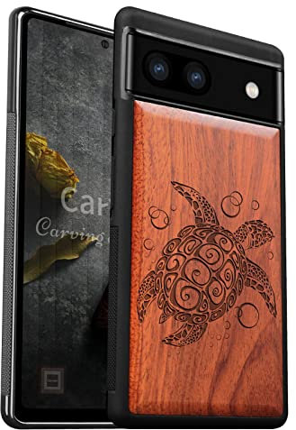 Carveit Wood Case for Google Pixel 6a Minimalist Art Cover [Anti Fingerprint Anti Slip Comfortable Grip] Shockproof TPU Bumper Compatible with Pixel 6a wooden Design Case (Sea Turtle-Rosy)