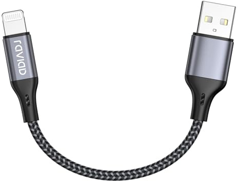 RAVIAD Câble Chargeur Court 15CM, [Certifié MFi] Fil Lightning Nylon Tressé Ultra Résistant pour iPhone 14/13/12/11/Pro Max/Pro/X/XS/XR/8/8 Plus/7/7 Plus/6s/6s Plus/6/6 Plus/SE/5s- Gris