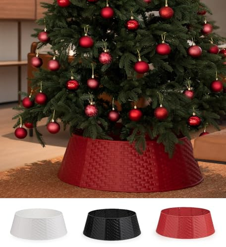 Round Christmas Tree Skirt - Sturdy & Durable Christmas Tree Collar - 9.1 H 22.8 Top & 28 Base Diameter Woven Design Xmas Tree Skirt - 12 Pieces Plastic Ring for Artificial or Real Trees - Red