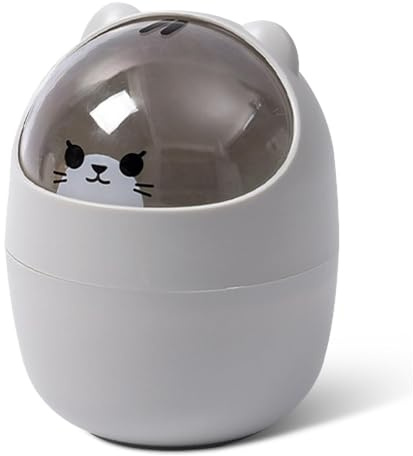 Cyrank Garbage Bin, Recycling Bin Mini Desktop Trash Can with Lid, Cartoon Cat Animal Shape Waste Paper Bin with Swing Lid Mini Countertop Trash Can Small Garbage Can(Grey)