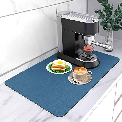 AUHSSAN Abtropfmatte Geschirr, 40x60cm Kaffeemaschine Abtropfmatte Futtermatte Katzen Saugstarke Trockenmatte Anti-Rutsch Gummi Rückseite Küche Zubehör für Arbeitsplatte Küche, Kaffeemaschine (Blau)