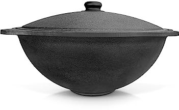 ZARENHOFF Gusseisen Kazan mit Deckel aus Aluminiumguss, flacher Boden,Usbekischer Topf, WOK, Kasan, Camping Topf, Feuerofen, BBQ Dutch Oven, Gulaschkanone, Schmortopf mit Deckel (4,5 L)