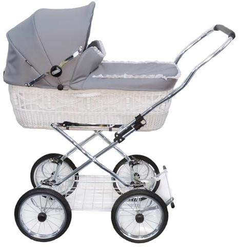 EICHHORN Kinderwagen Weidenkorb - Kinderwagen aus echter Weide, handgeflochten, Korb Weiß, Stoff Grau