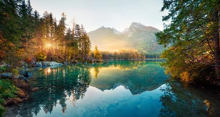 adrium Holz-Bild 110 x 60 cm: Erstaunlicher Herbstsonnenaufgang am Hintersee. Malerische Morgenansicht der Bayerischen Alpen an der österreichischen Grenze, (116551702)