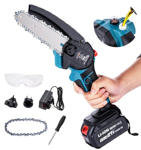 KATSU FIT-BAT 21V Tronçonneuse sans Fil 6 Pouces avec 3,0Ah Batterie et Chargeur, Chaîne Supplémentaire et Pompe à Huile Manuelle, pour Bois élaguer des Arbres Jardin