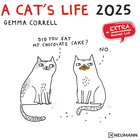 N NEUMANNVERLAGE - A Cat's Life 2025 Broschürenkalender, 30x30cm, Wandkalender mit lustigen Katzen-Illustrationen, internationalen Feiertagen und viel Platz für Notizen