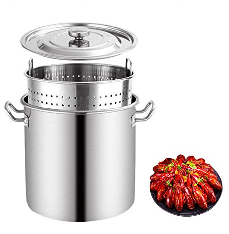 Large Seafood Boiler/Steamer with Strainer Basket and Lid - Stainless Steel Crawfish Seafood Cooker for Steaming Boiling Canning and Preserving (Siliver 35x35cm)