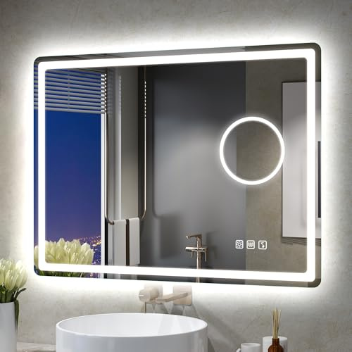 STARLEAD Badrumsspegel med belysning, 60 x 80 cm, LED-spegel med 5 x förstoringsglas, bluetooth, dimbar, 3 ljusfärger, anti-dimma, IP44, minnesfunktion, 5X, härdat glas