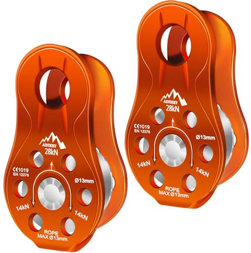 AINIKEY Fixed Plate Micro Pulley, 28KN CE Certified General Purpose Small Aluminum Rope Pulleys Slack Tender for Hauling/Rigging/Climbing/Aloft Work/Rappelling etc (Pack of 2(28KN Pulley Orange))