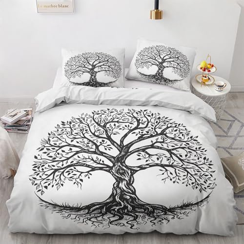 Arbre de Vie Housse de Couette 160x200 - Parure de Lit 1 Personne Mythologie Nordique - Ensemble de Literie en Microfibre Douce avec Fermeture éclair, 1 Taies d'oreiller 65x65 cm N&-A153